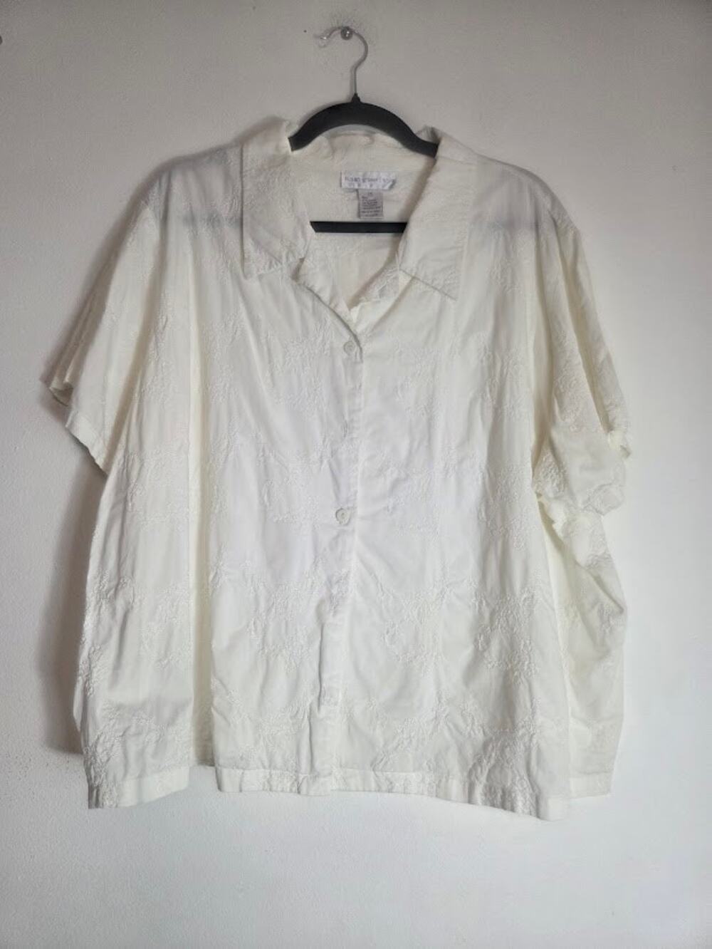 Susan Graver White Floral Embroidery Cotton Button Down Short Sleeve Blouse  2X